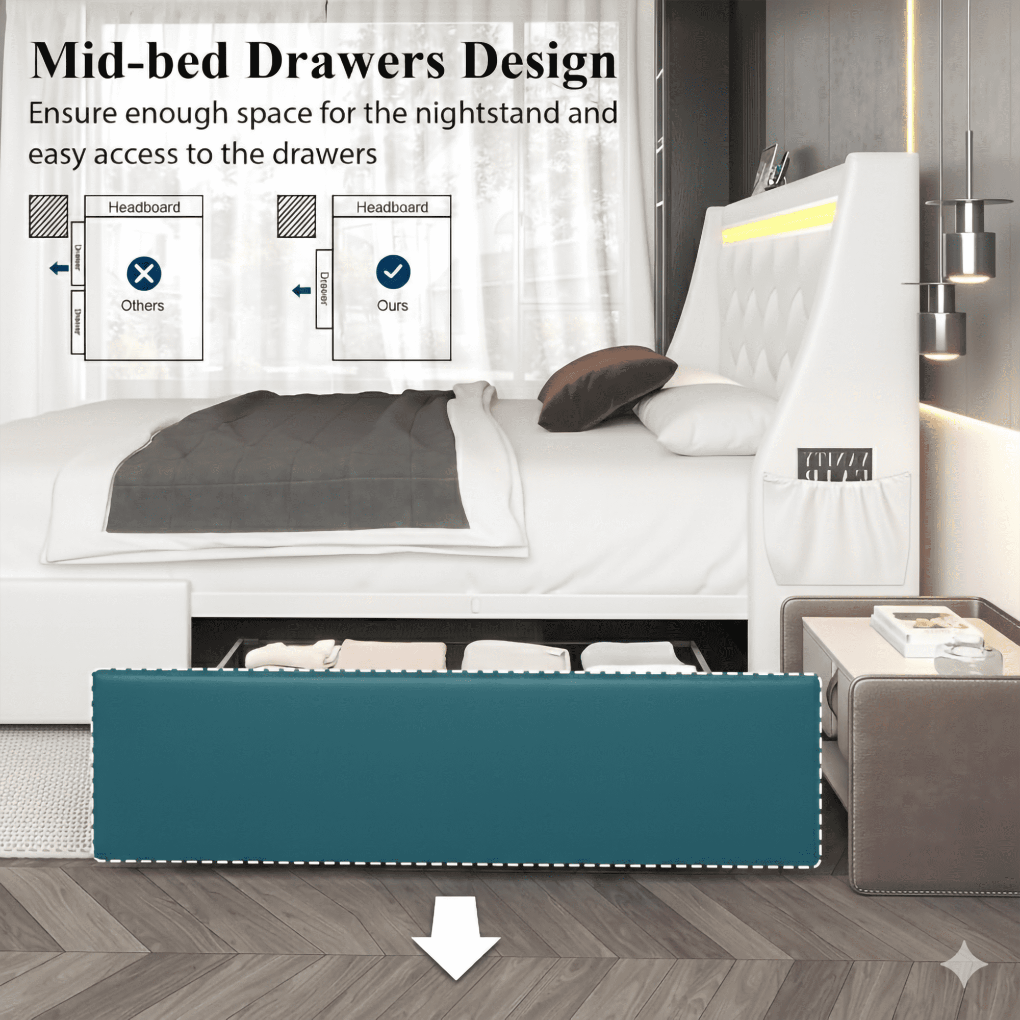 BSHTI Queen Size Faux Leather Upholstered Bed Frame with LED Lights, USB Type-C Ports, 2 Drawers, No Box Spring Needed for Bedroom(White)