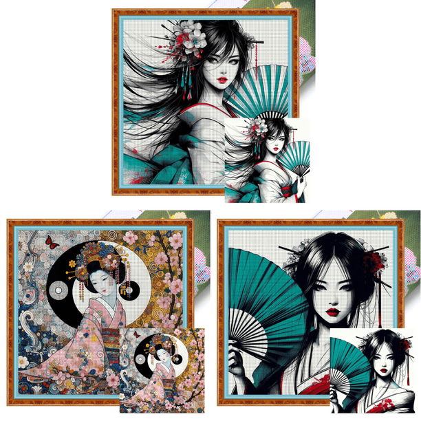 Hilo Algodón Ecológico Bordado 11CT Kimono Fan Girl Punto Cruz 50x50cm