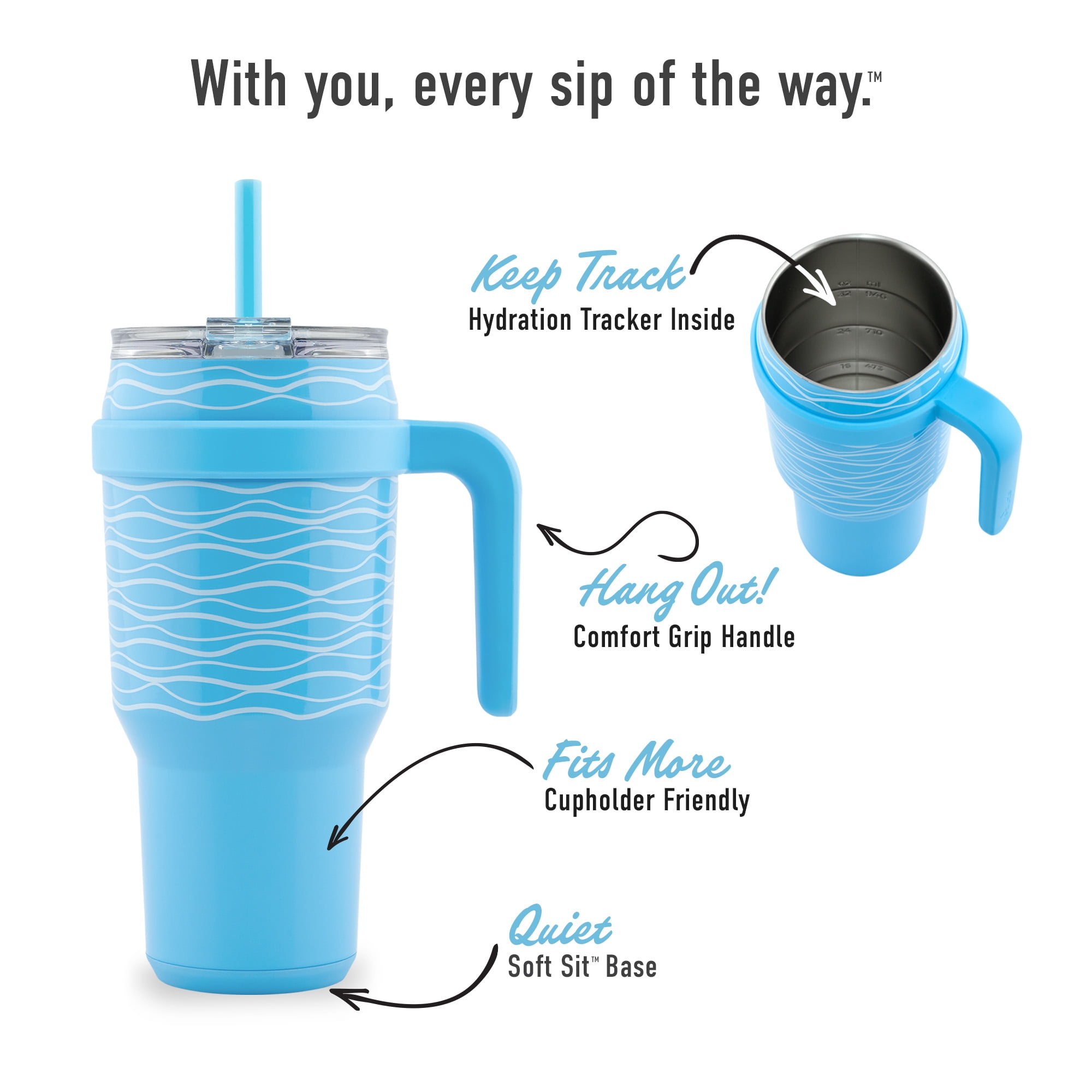 Reduce Vacuum Insulated Stainless Steel Cold1 40oz Tumbler with Handle, 3 Way Lid, & Straw: Waves Print with Opaque Gloss Finish