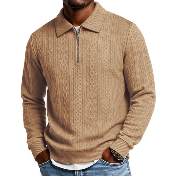Quarter Zip Long Sleeve Polo Shirt for Men Turn Down Collar Polos Cable Knit Slim Fit Sweater for Business Casual