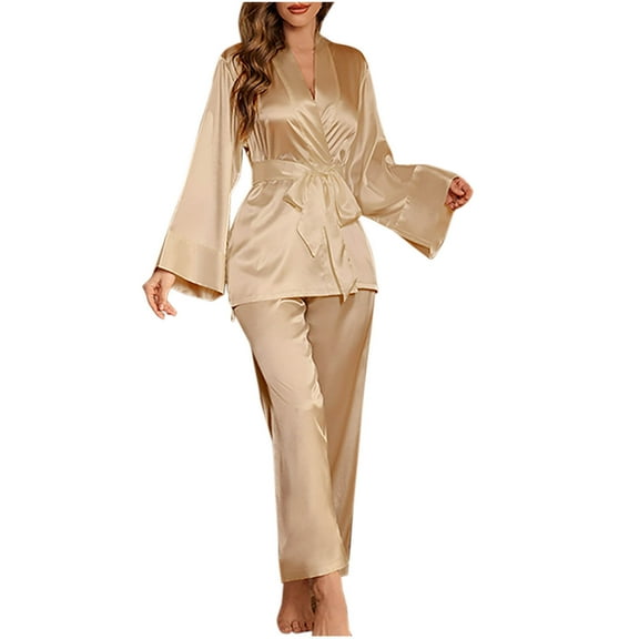 Hrsba Womens Winter Warm Pajama Sets,Pajama Set for Women 2 Piece Solid Color Long Sleeve Robe with Sash and High Waist Pants Silk Like Fabric Sleepwear