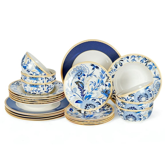 STP GOODS Melodie de Fleurs Bone China Dinnerware Set of 24 Service for 6 24-Piece Dish Set of Plates and Bowls, Blue Gold White