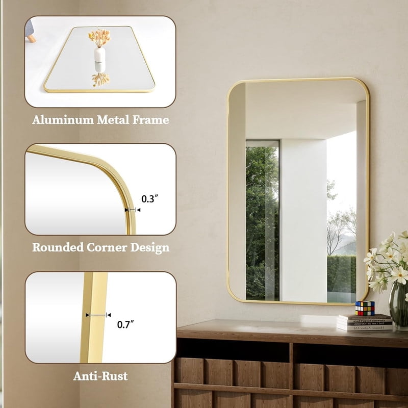Clarvion 26"x38" Rounded Edge Rectangle Bathroom Mirror Wall Mounted Vanity Mirror,Gold