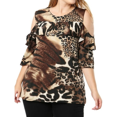 Front Row Leopard - 711ONLINESTORE Women Short Sleeve Cold Shoulder Leopard Frill Layer Front Top