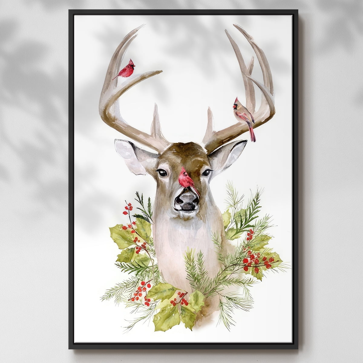 Holiday Deer Collection B - Framed Gallery Wrapped Holiday Canvas - 17 x 25 - Black Frame
