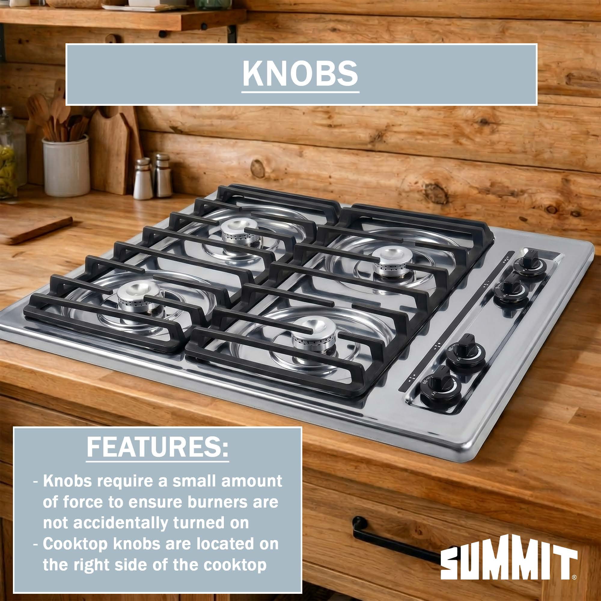 Summit 24 Inch Gas Cooktop, 4 Burners, Electric Ignition, 115V-3 Gas Cooktop, Made in the USA, Stainless Steel - ZNL033I