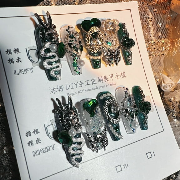 Long Pink-green gradient Pressed Nails Coffin,French pink-purple Glitter Stick on Nails Set Reusable Full Coverage Acrylic Fake Nails Glue on Nails Rhinestone Manicure Women's