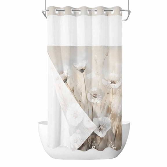 No Hook Shower Curtain, Spring White Floral Stall Bathroom Curtains with Snap in Liner, Watercolor Vintage Beige Flowers Waterproof Washable Fabric Shower Curtain Set, 54"W x 78"L