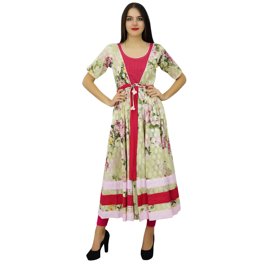 Moomaya Women's Short Sleeve Viscose Santoon Dress - Scoop Neck, Flared Hem, Drawstring Waist, Printed