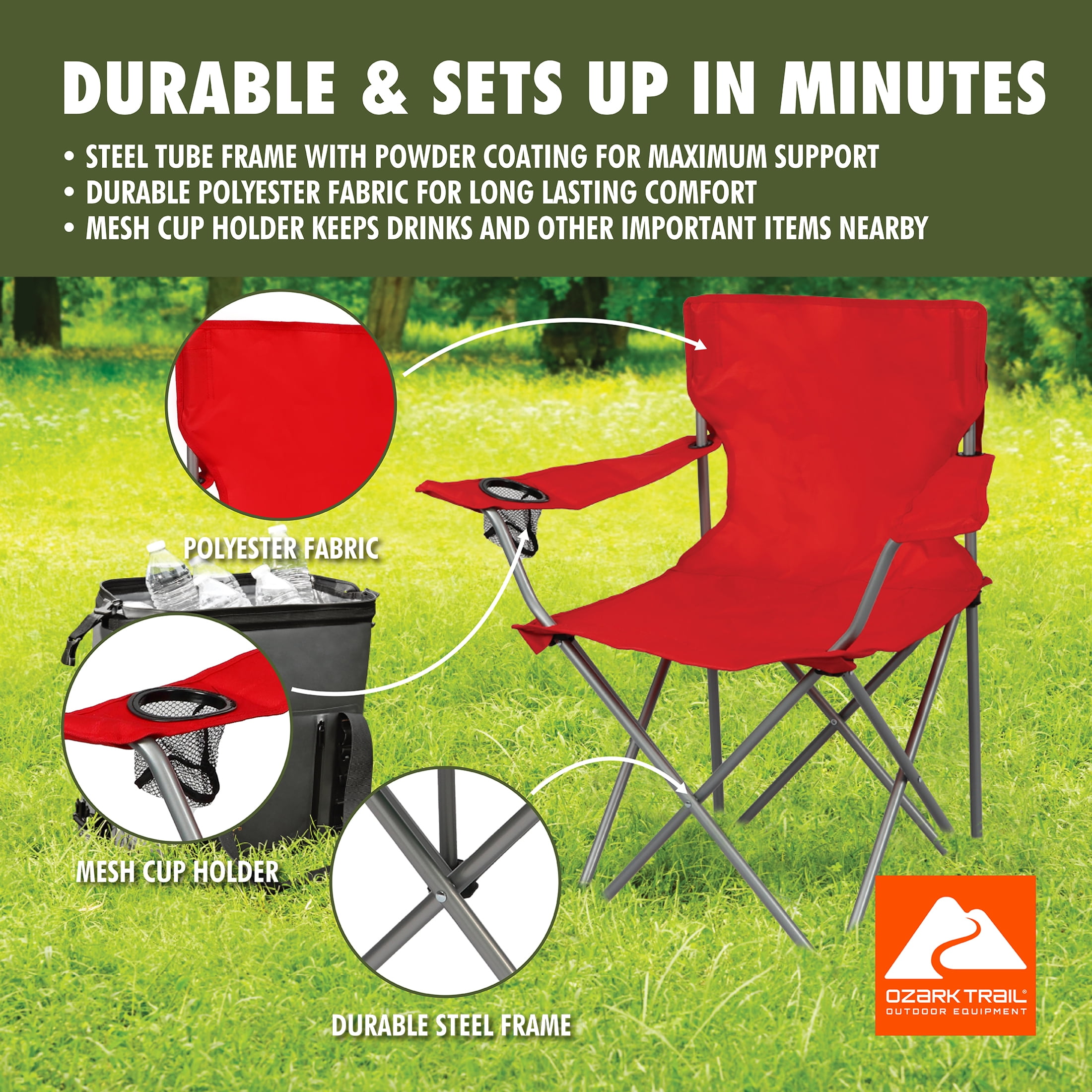 Ozark Trail Quad Folding Camp Chair with Cup Holder, Bright Red
