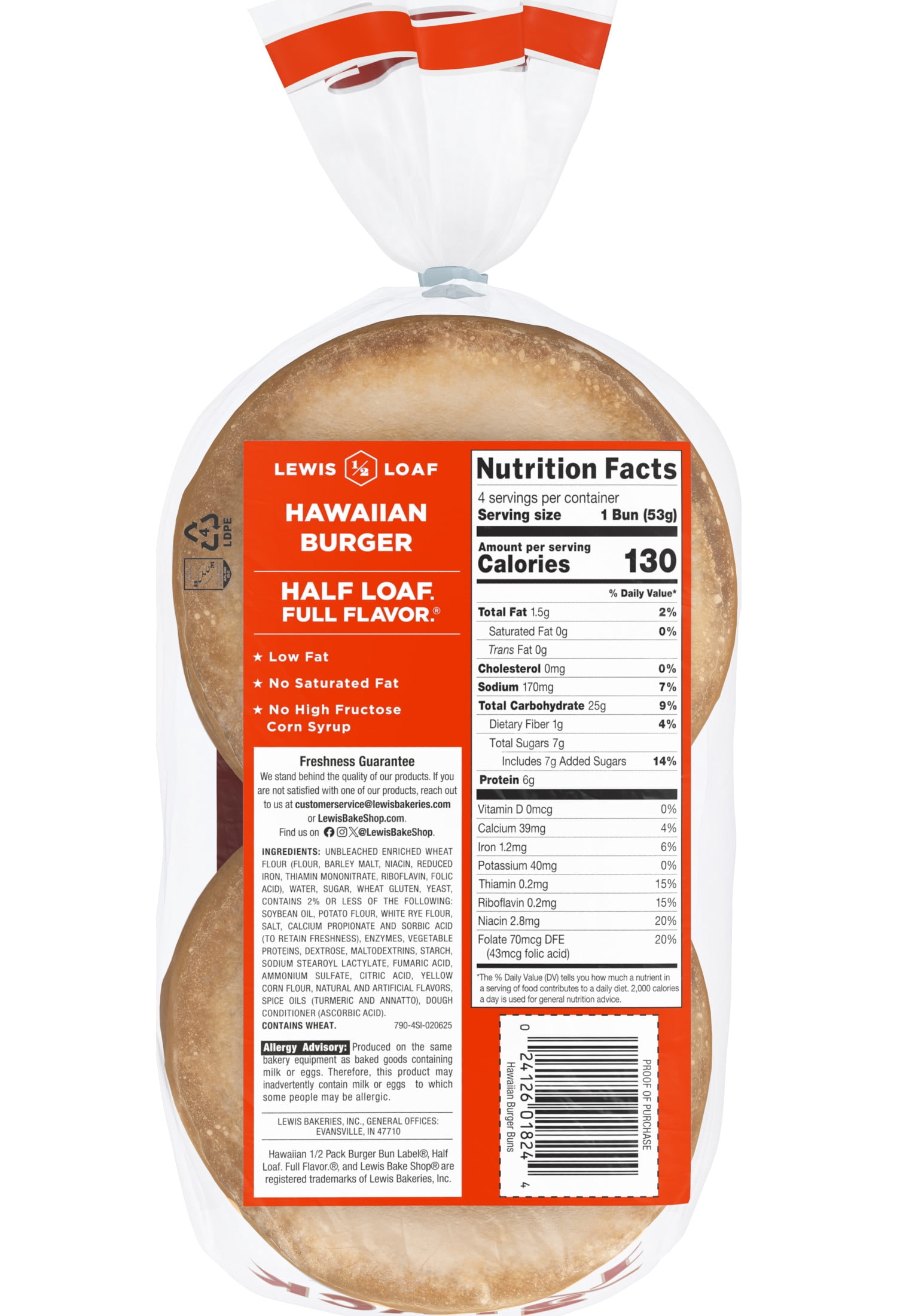 Lewis Bake Shop Hawaiian Half Pack Burger Buns, 7.5 oz, 4 Count