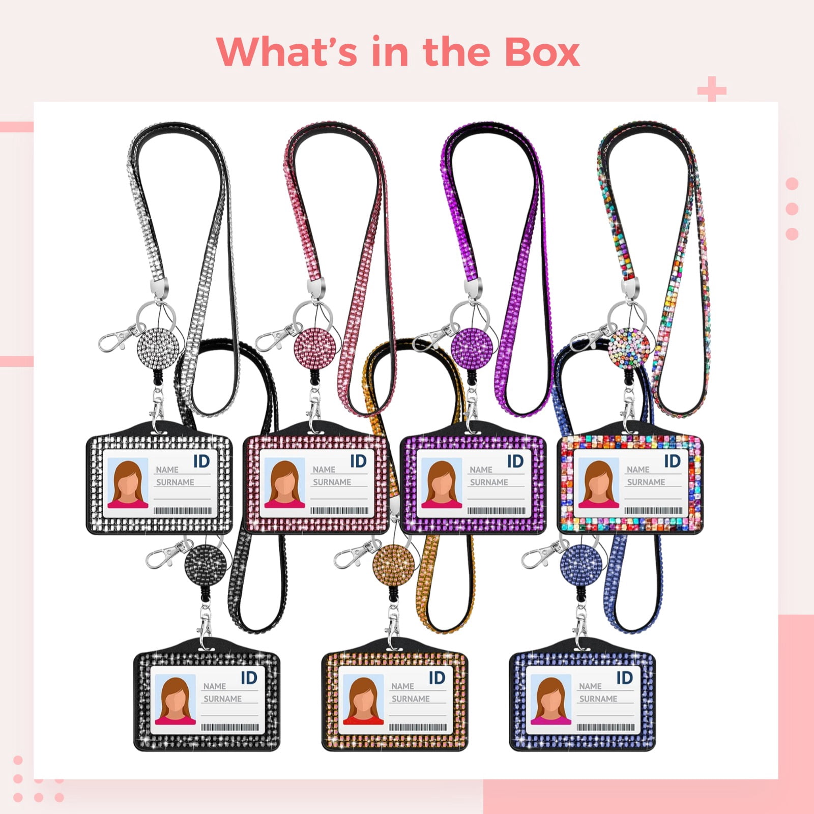 7-Color Rhinestone Lanyard Card Holder Set – Sparkling ID Badge Holder with Retractable Reel & Quick-Release Clip, Crystal-Decorated Horizontal Badge Holder for Students, Office & Nurses, Bling Work