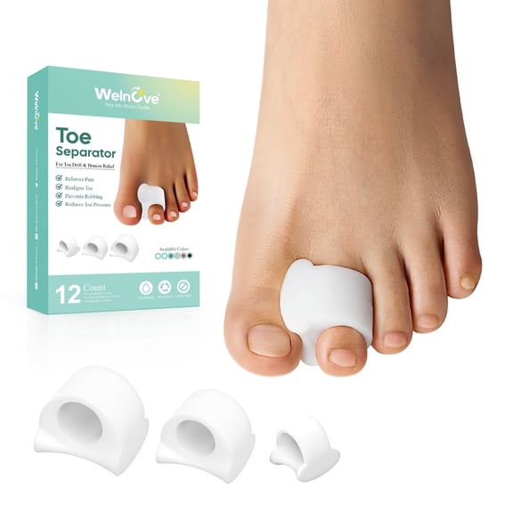 Welnove Toe Separator for Overlapping Toes - Toe Spacers for Bunions - Toe Corrector for Hammer Toes, Realign Crooked Toes - Preventing Rubbing Relieve Pressure(3 Size, 12 Pack)