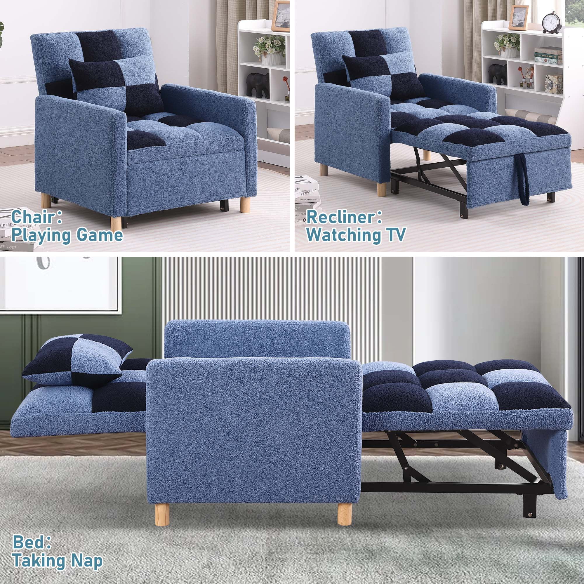 Aukfa Convertible Sleeper Chair Bed, Patchwork Pull Out Sofa Chair with Adjustable Backrest, Teddy - Blue/Navy