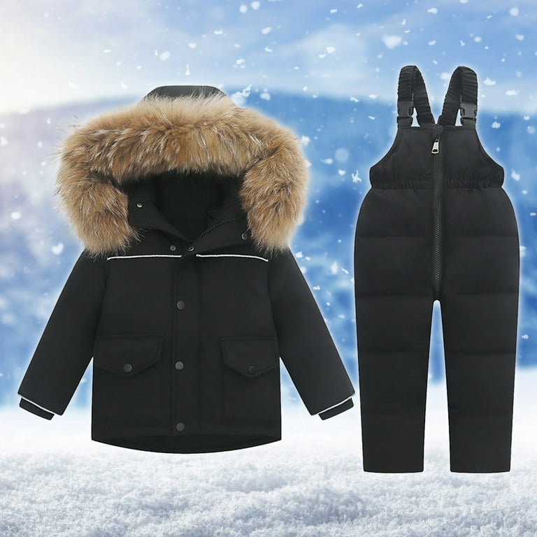 AherBiu Baby Girls Boys Winter Outfits Hooded Plush Trim Zipper Snowsuit  Puffer down Coats with Snow Ski Bib Pants 