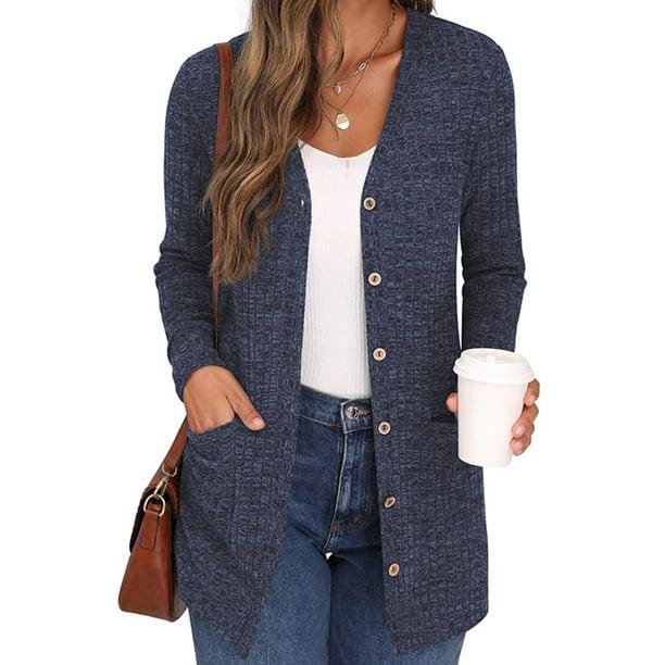Cárdigan Suéter Manga Larga Señoras Outwear Vacaciones Color Sólido Cárdigans Suaves Azul Real XL
