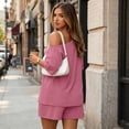 thumbnail image 3 of Dresfit Shorts Sets for Women Off Shoulder Crew Neck Short Sleeve Tops & Mini Shorts 2 Piece Outfits Summer 2026 Wrinkle Resistant Oversized Sweatsuits L, 3 of 6