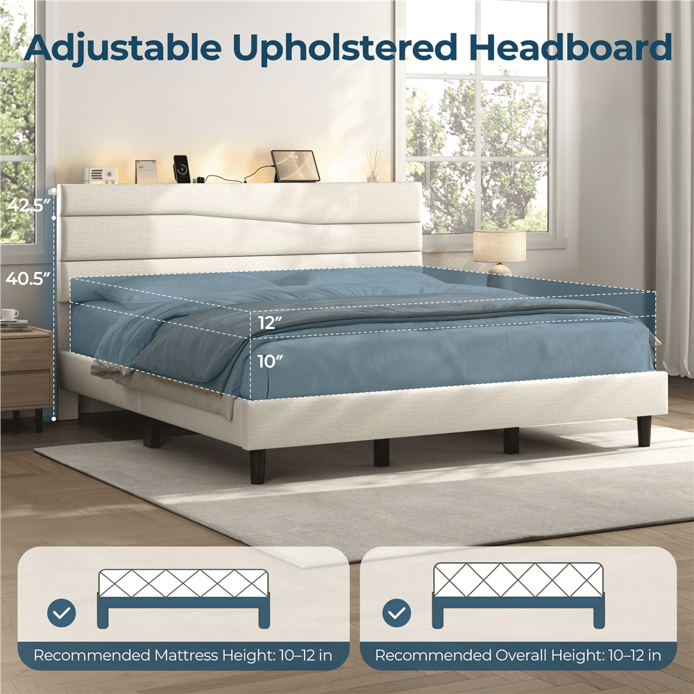 Renwick King Upholstered Bed Frame with Charging Station, Beige