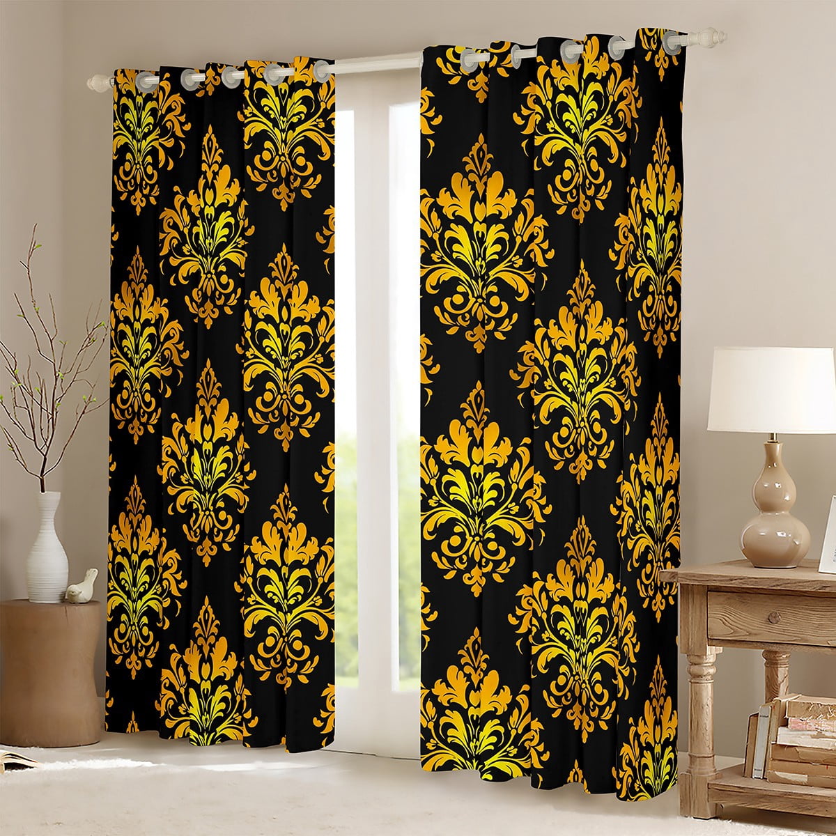 Erosebridal Gothic Floral Curtains and Drapes(38x45),Gold Jacquard Blackout Curtains for Bedroom,Boho Bohemain Flower Curtains Pack of 2(38x45),Lightweight Room Decor