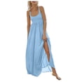 thumbnail image 3 of Wyzesi Robes Roses Grande Taille Chemise Taille Fine en Chiffon Col Suspendu Robes d'Été pour Femmes Robe en Chiffon Smockée Ample Fendue Côté Robe Maxi de Plage avec Poches Pyjama de Noël Costume, 3 of 8