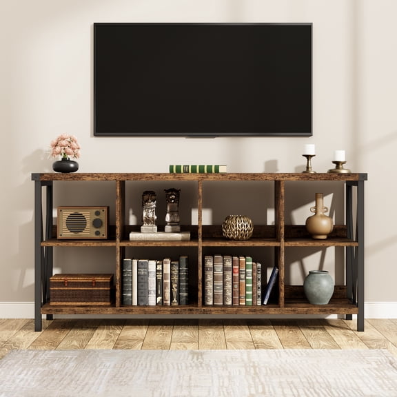 Studyset 62 in Console Bookshelf, Industrial Storage Bookcase, 8 Cube Storage Organizer Bookshelf, 3 Tier Metal Horizontal Bookcase for Entryway, Long Low Bookshelves for Living Room