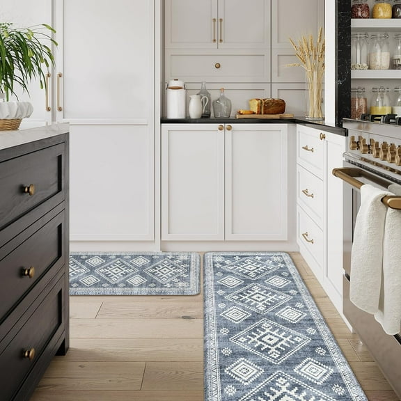 Kitchen Rugs Non Slip, Cushioned Kitchen Floor Mats Set of 2, Dark Blue Anti-Fatigue Kitchen Mat Waterproof, Ergonomic Memory Foam Standing Mat for Bar, Office, Desk, Laundry