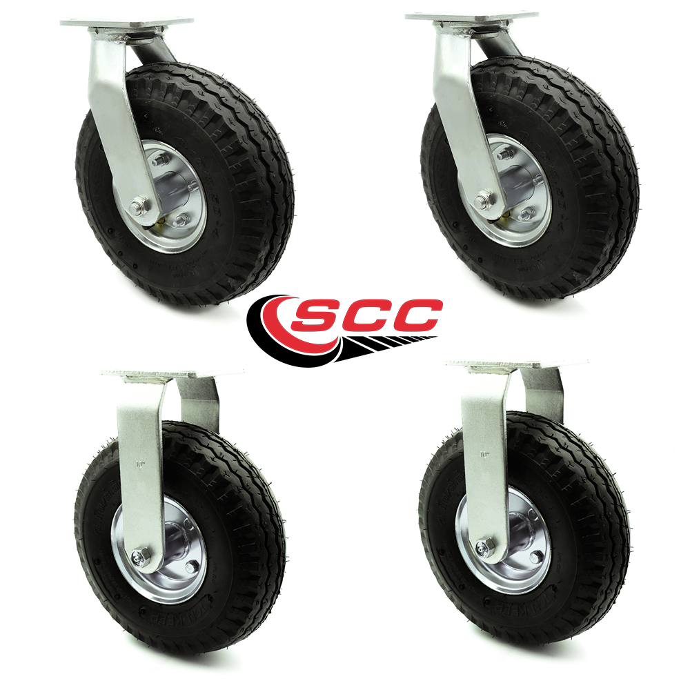 10" Pneumatic Caster Set of 4 2 Swivel/2 Rigid Black Rubber Wheel