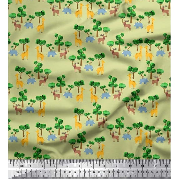 Soimoi Poly Georgette Fabric Tree,Giraffe & Reindeer Animal Printed Craft Fabric by The Yard 42 Inch Wide