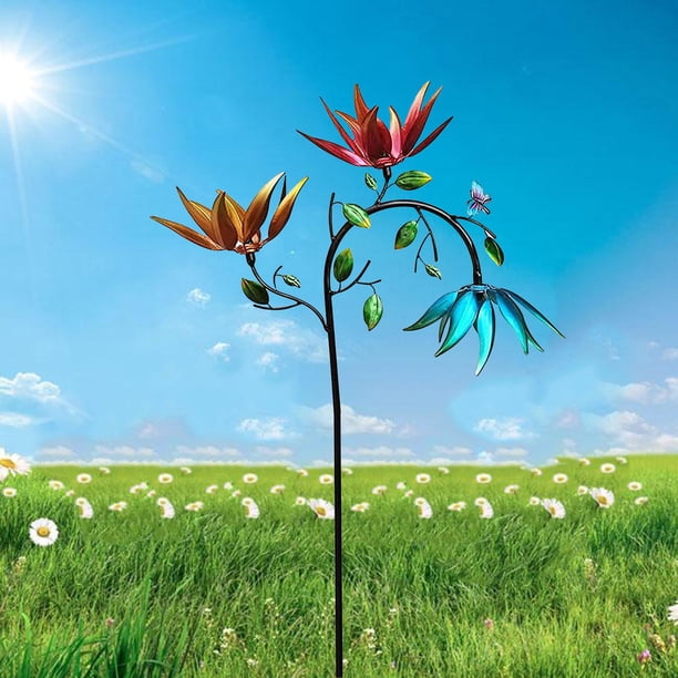 s grandes con estaca Esculturas para exteriores Molino de jardín con de doble Flor Soledad Hilandero de viento de césped