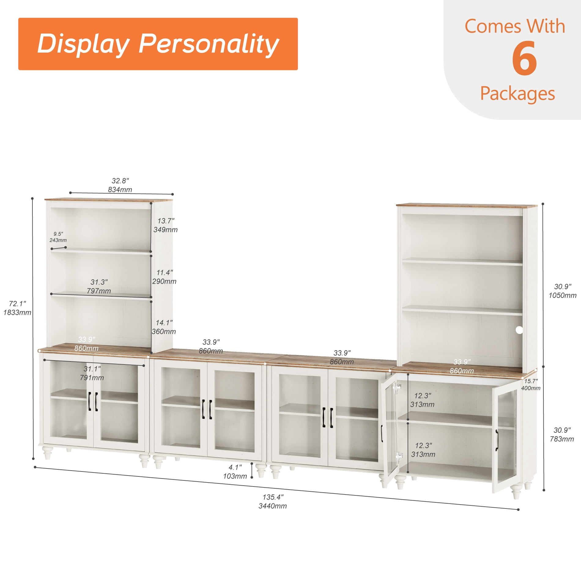 Entertainment Center with Bookshelves for TVs up to 75", Farmhouse Wall Unit TV Stand with Glass Doors, Media Console Table for Living Room, Bedroom & Home Theater, White