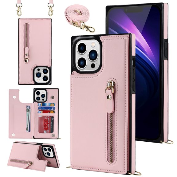 Wallet Case for iPhone 14 Pro Max, PU Leather Magnetic Crossbody Shockproof Protective Phone Case with Kickstand Zipper Shoulder Strap Back Card Slots Holder Cover for iPhone 14 Pro Max,Pink