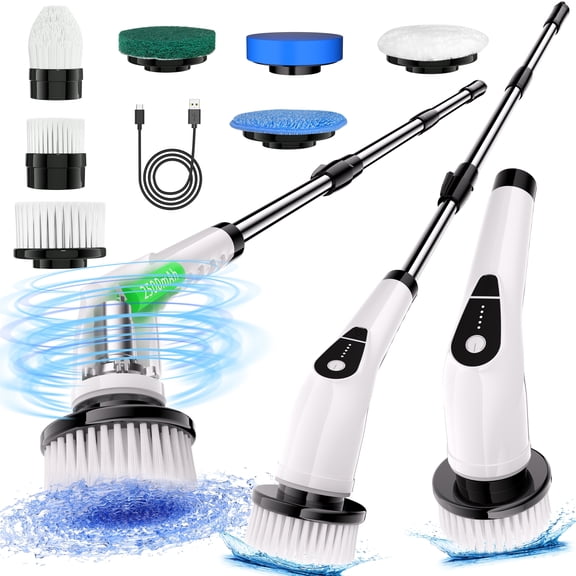 Electric Spin Scrubber, Cordless Power Bathroom Scrubber with Adjustable Extension Arm & 7 Replaceable Heads, 3-Speed Rechargeable Cleaning Brush for Tub Tile Floor Shower Kitchen