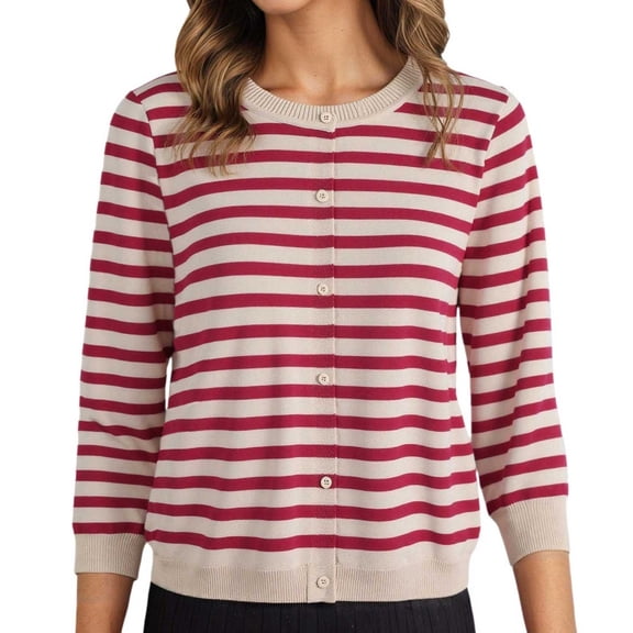 Wang6 Women Lightweight Oversize Cardigans Sweaters Trendy Long Sleeve Button down Knit Sweater Fall Crew Neck Striped Printed Knitted Outwear Tops Red XL