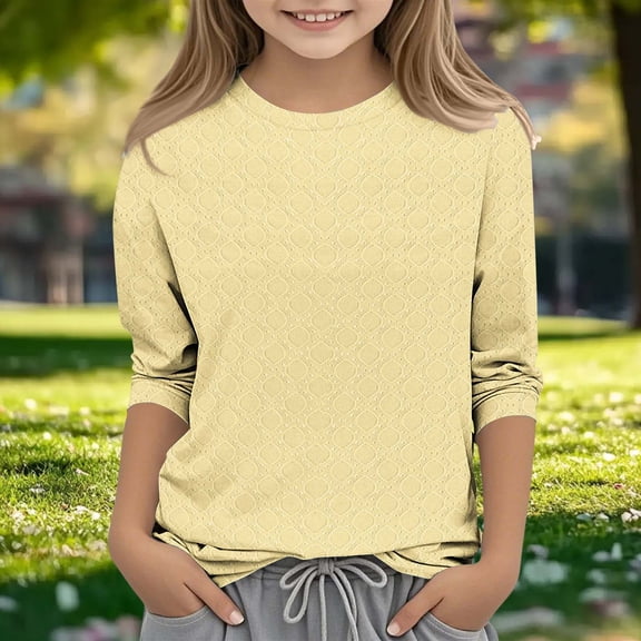CLOISE 3/4 Sleeve Tops for Girl Shirts Crewneck Casual Pullover Smocking Solid Color Summer Blouses Yellow 7T