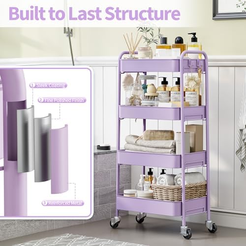 4-Tier Metal Rolling Cart with Wheels, Storage Utility Organizer Cart for Kitchen, Bathroom, Office, Baby Essentials & Makeup - Lockable Casters, Easy Assembly, Large Capacity, Purple