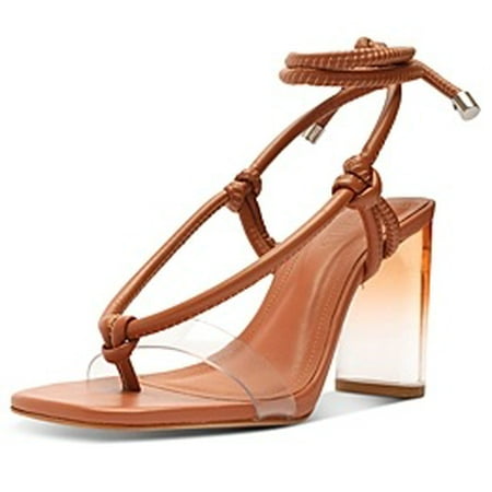 

Schutz Siena Caramel Clear Vamp Lace Up Open Toe Clear Column Heel Sandals (Caramel 7)