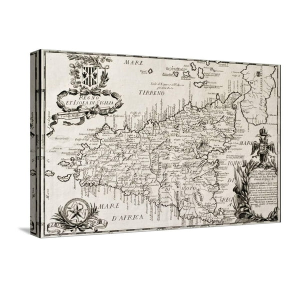 Art.com Old Map Of Sicily Stretched Canvas Print Wall Art by marzolino, 24" x 16"