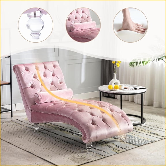 Chaise Lounge, Antique Elegant Button-Tufted with Pillow for Indoor Bedroom Living Room Office | Pink | Velvet