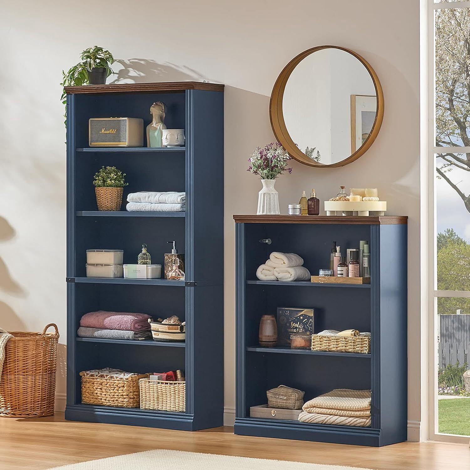 Joaxswe 43" Blue Tall Bookshelf, 3-Tier Thick Wood with Adjustable Shelves, Farmhouse Bookcase for Living Room, Office, Blue
