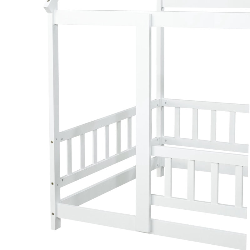 Bellemave Twin Floor Bed, Wood Twin Size House Bed Frame with Fence, Montessori Floor Bed for Bedroom (White)