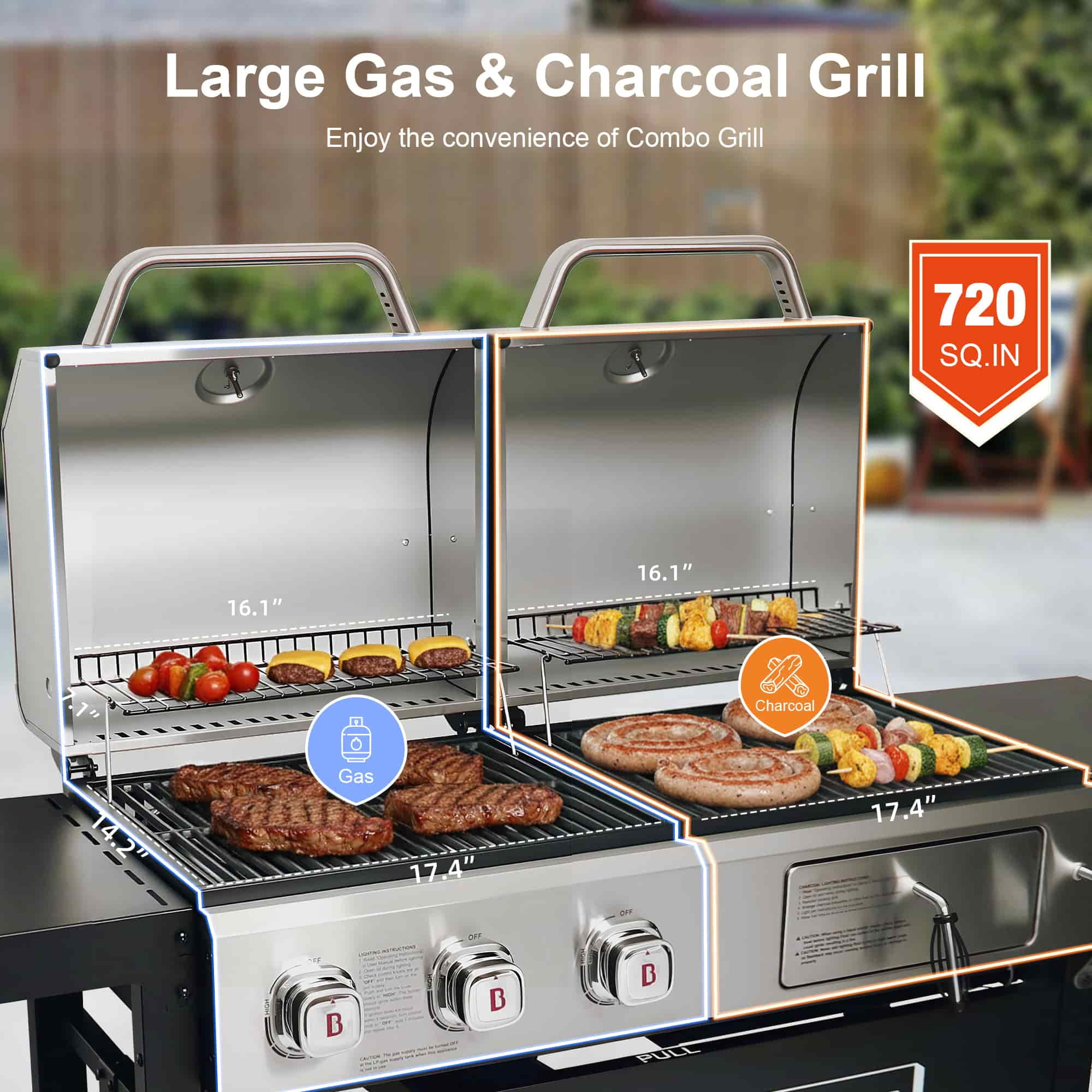 Brand Man Propane Gas & Charcoal Grill Combo with Griddle Dual Fuel BBQ Grill for Outdoor Barbecue, Sliver & Black