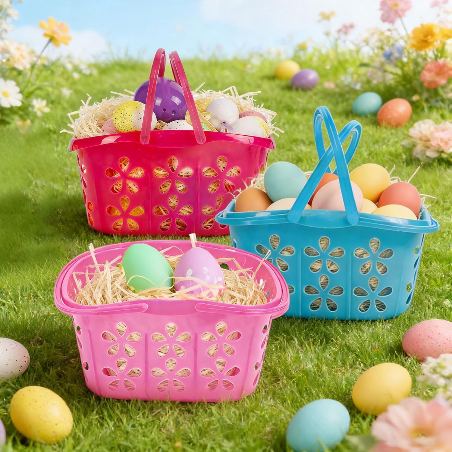12 Packs Easter Baskets, 6.5"x4.5"x3.2" Colorful Kids Baskets with Handles, Empty Plastic Easter Basket for Egg Hunt Party Favors