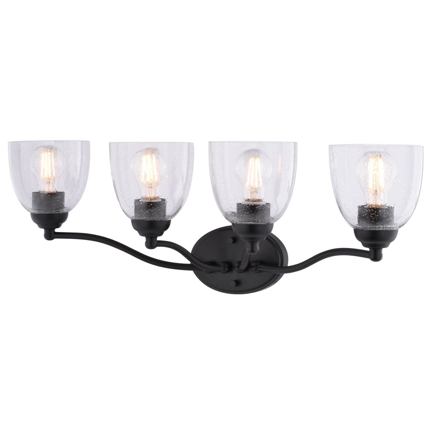 Bellwood 4-Light 28 in. Wide Matte Black Traditional Bathroom Vanity Lighting Fixture, Clear Seeded Bell Glass Shade, Dimmable, LED Compatible, Over the Mirror Mounted Steel Wall Sconce