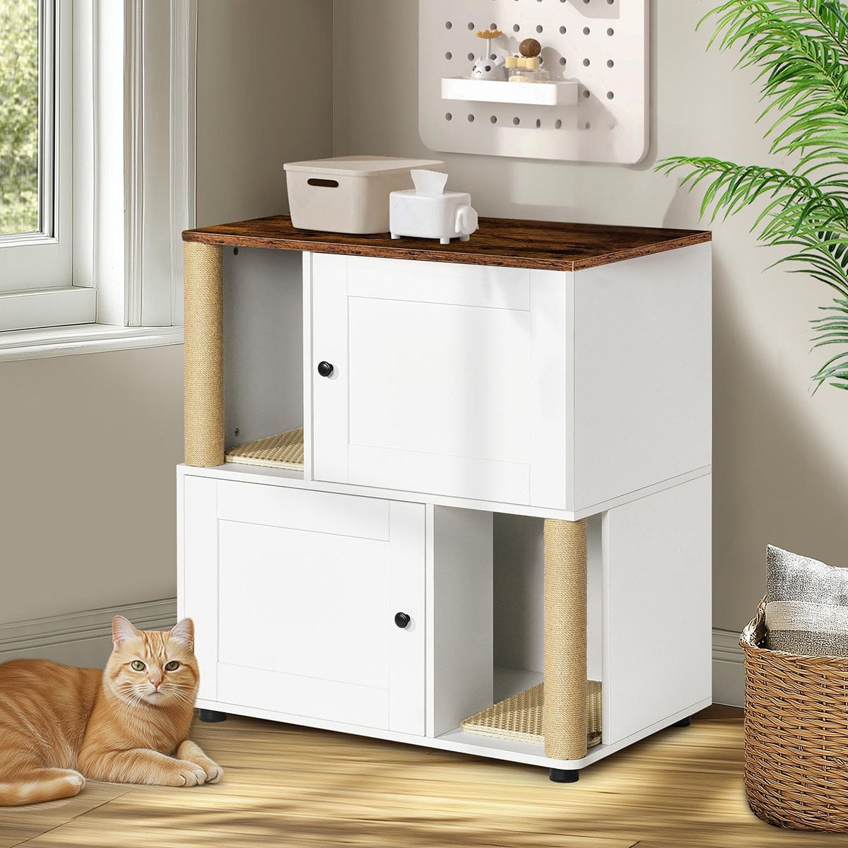 Danolapsi Cat Litter Box Enclosure for 2 Cats, Litter Box Enclosure with Double Room, Hidden Enclosed Cat Litter Box Furniture with Scratch Posts and Double-Layer Litter Mats