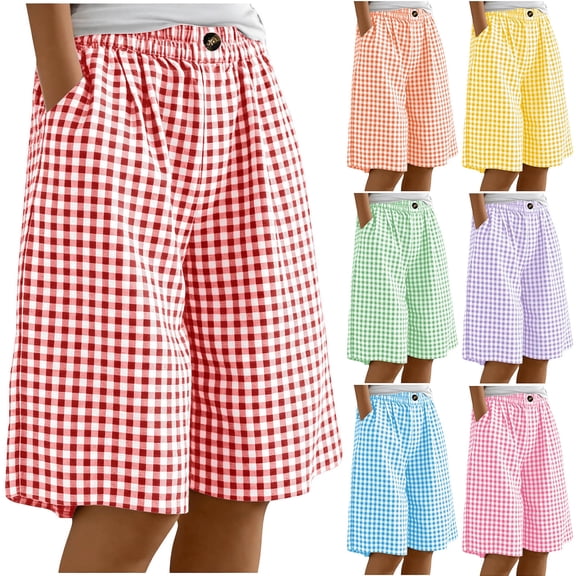 Jinhomg Teen Girls Linen Shorts Knee Length Bermuda Shorts Striped Gingham Baggy Cute Lounge Shorts Resort Plaid Girls Bottoms with Pockets for 4-13Y