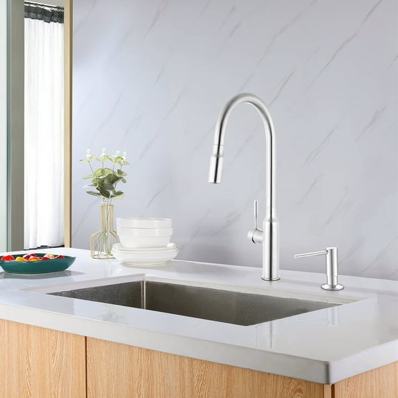 KBFmore 19.8 Inch Stainless Steel Kitchen Faucet with Soap Dispenser and Dual Function Pull Out Down Spray Head