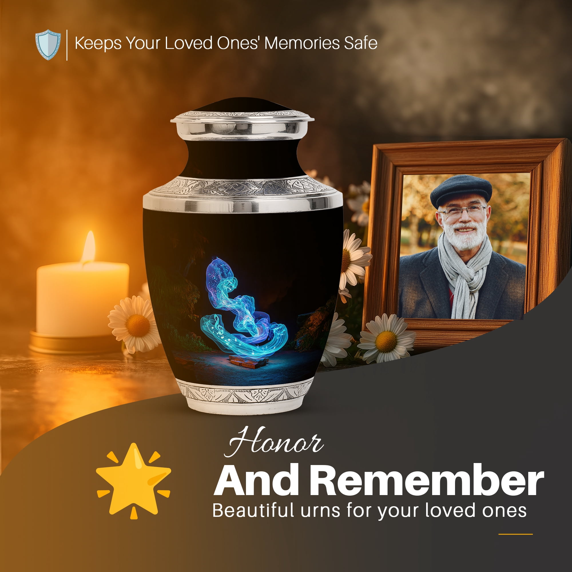 Yatskia Blue Music Large Memorial Urn for Adult Ashes Mom and Dad, Small Cremation Urns for Human Ashes Adult Men, (Tasty 10 Inch and 3 Inch)