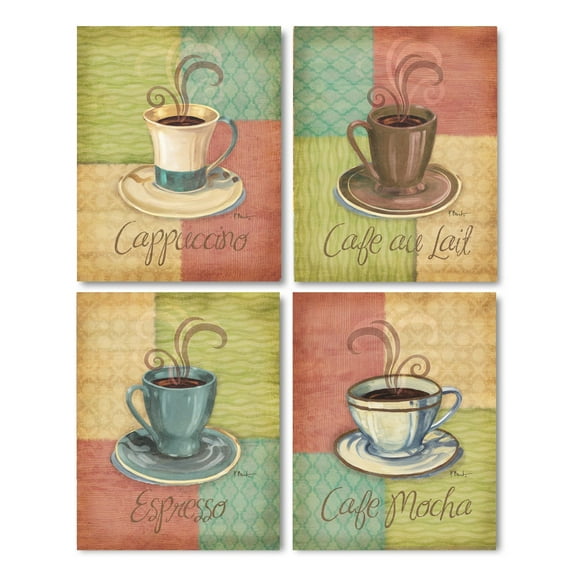 Multi-Color Retro Coffee Cup Adult Kitchen Decor; 4 - 8" x 10" Unframed Prints