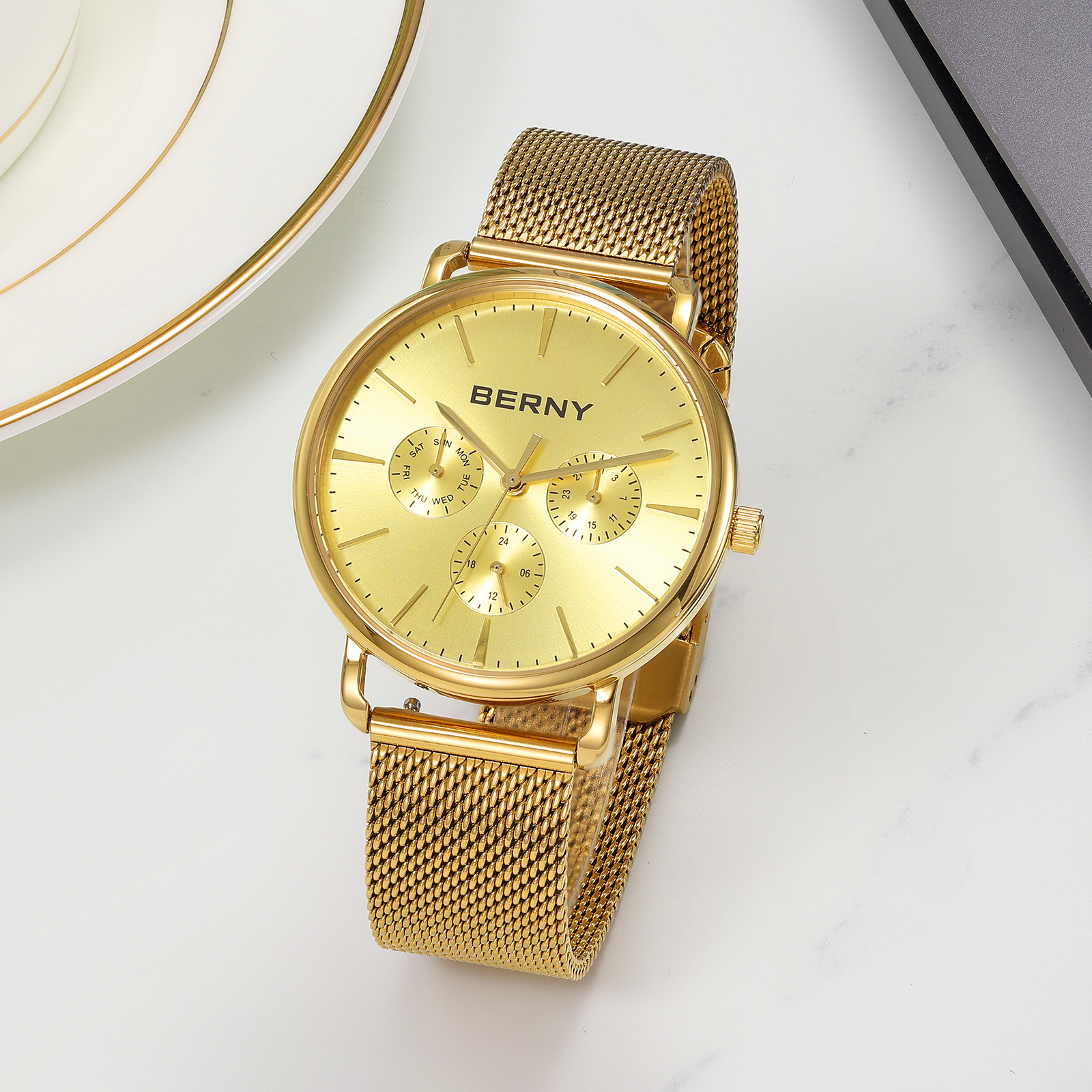 BERNY Quartz Watch for Unisex ( Men and Women), Classic Waterproof Men's Wirstwatch with Multifunctional Dials, Quick Release Stainless Steel Mesh Band, Gold Dial