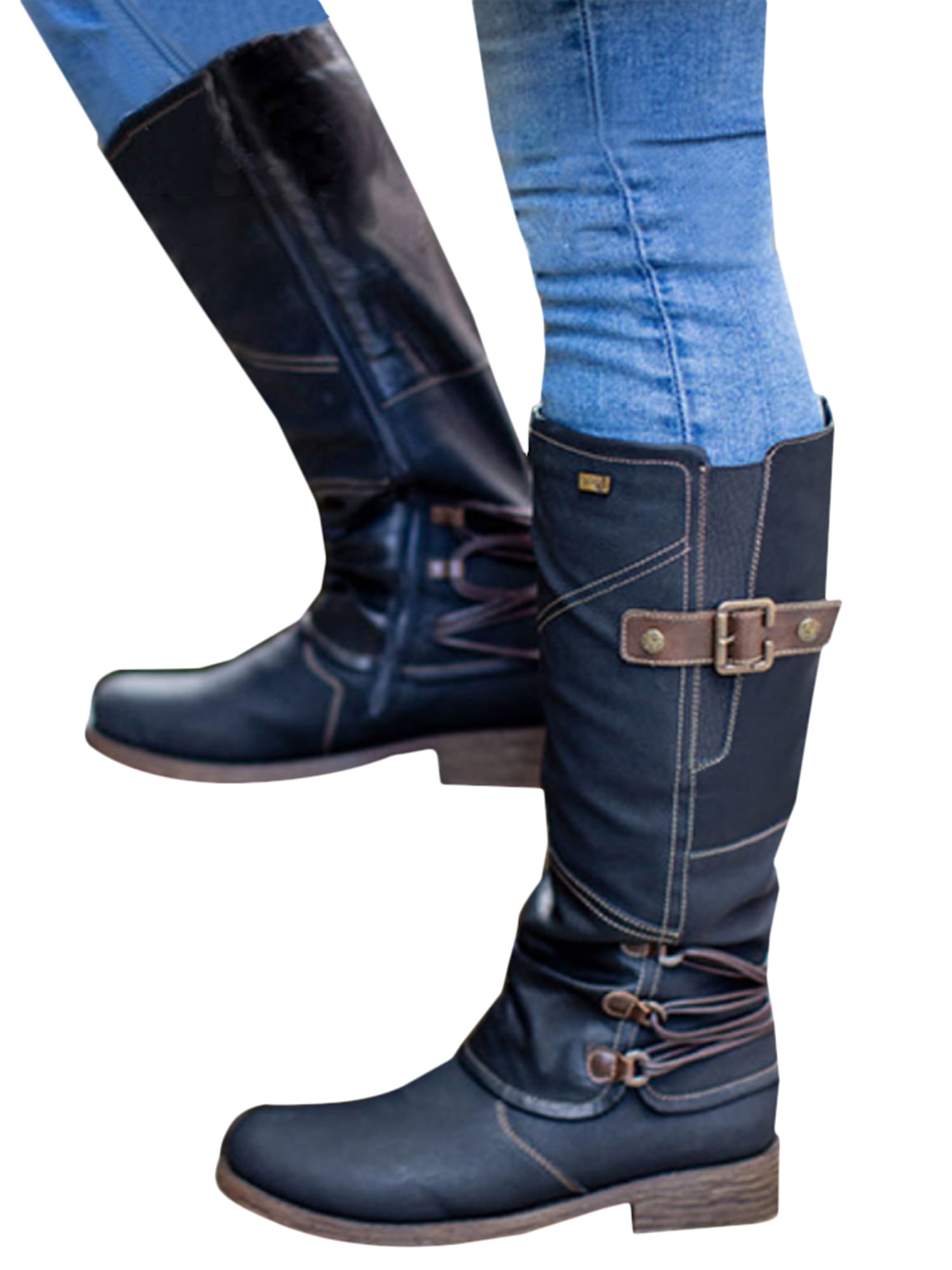 Chic Women Block Heels Riding Boots Knee High Side Zipper Combat Casual Shoes 
